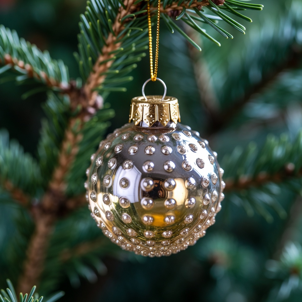 Sparkling ornament on christmas tree branches Sparkling ornament on christmas tree branches