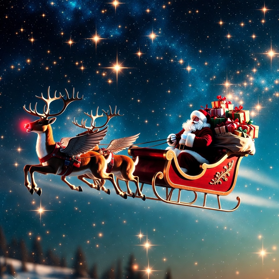 Santa flying through starry night Santa flying through starry night