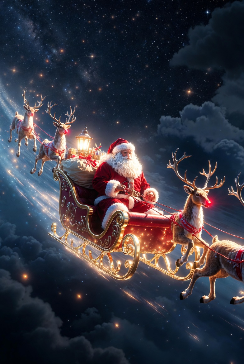Santa flying through starry night Santa flying through starry night