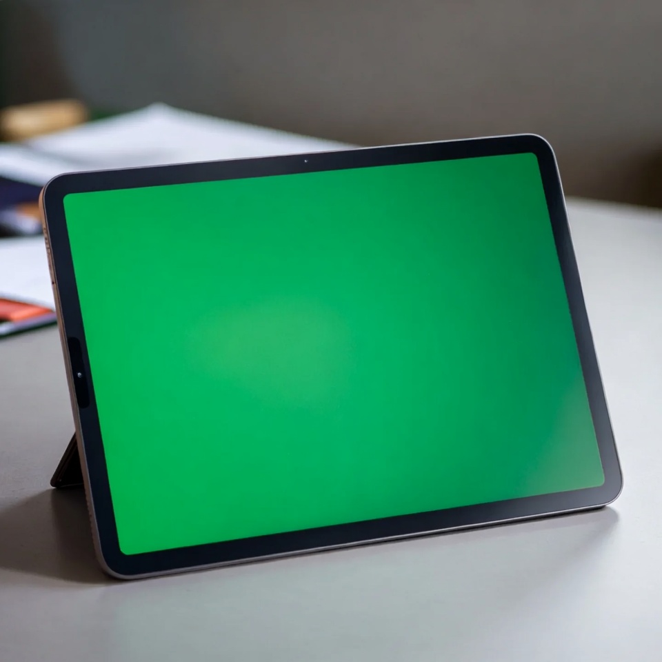 Tablet on a desk with green screen Tablet on a desk with green screen