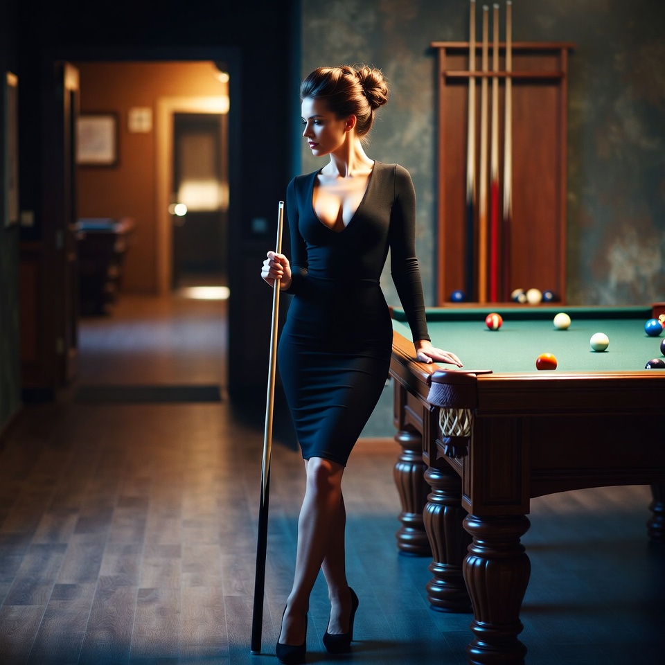 Elegant woman playing billiards at night Elegant woman playing billiards at night
