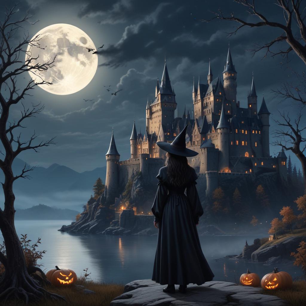 Witch gazing at spooky castle Witch gazing at spooky castle