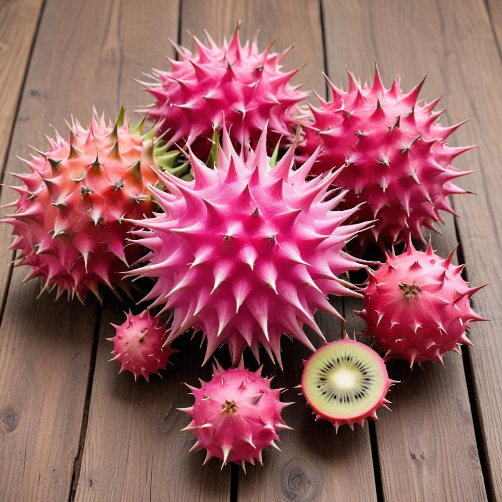 Vibrant spiky fruits on wooden surface Vibrant spiky fruits on wooden surface