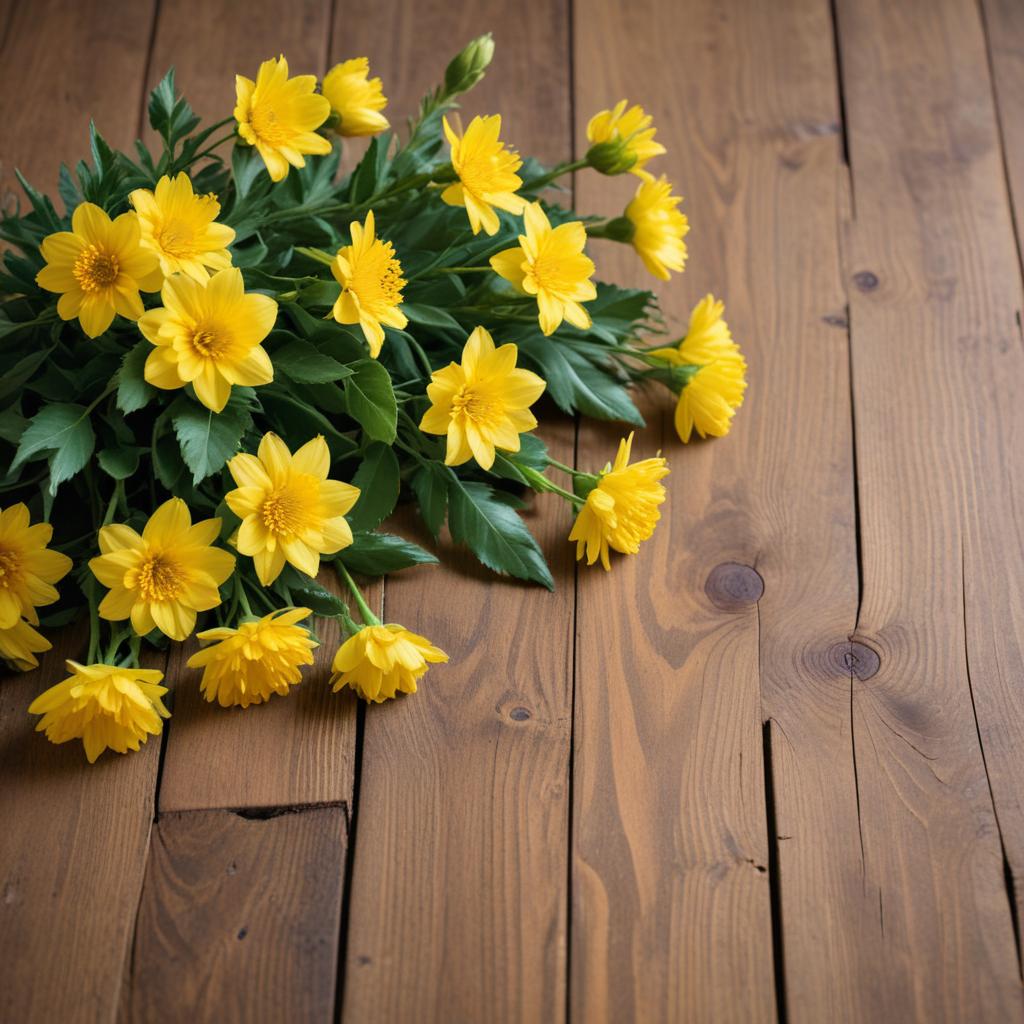 Bright yellow flowers on wooden table Bright yellow flowers on wooden table