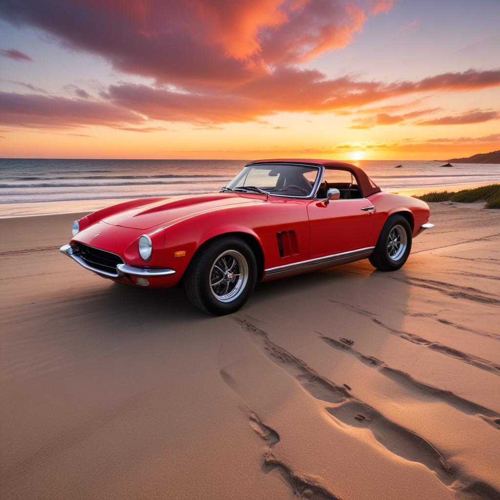 Red convertible parked by sunset beach Red convertible parked by sunset beach
