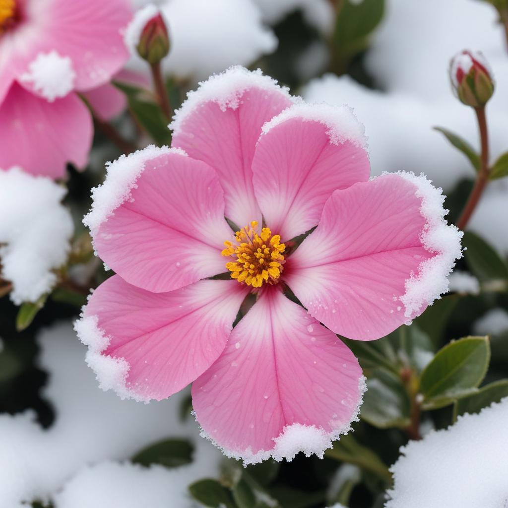 Pink flower covered in snow Pink flower covered in snow