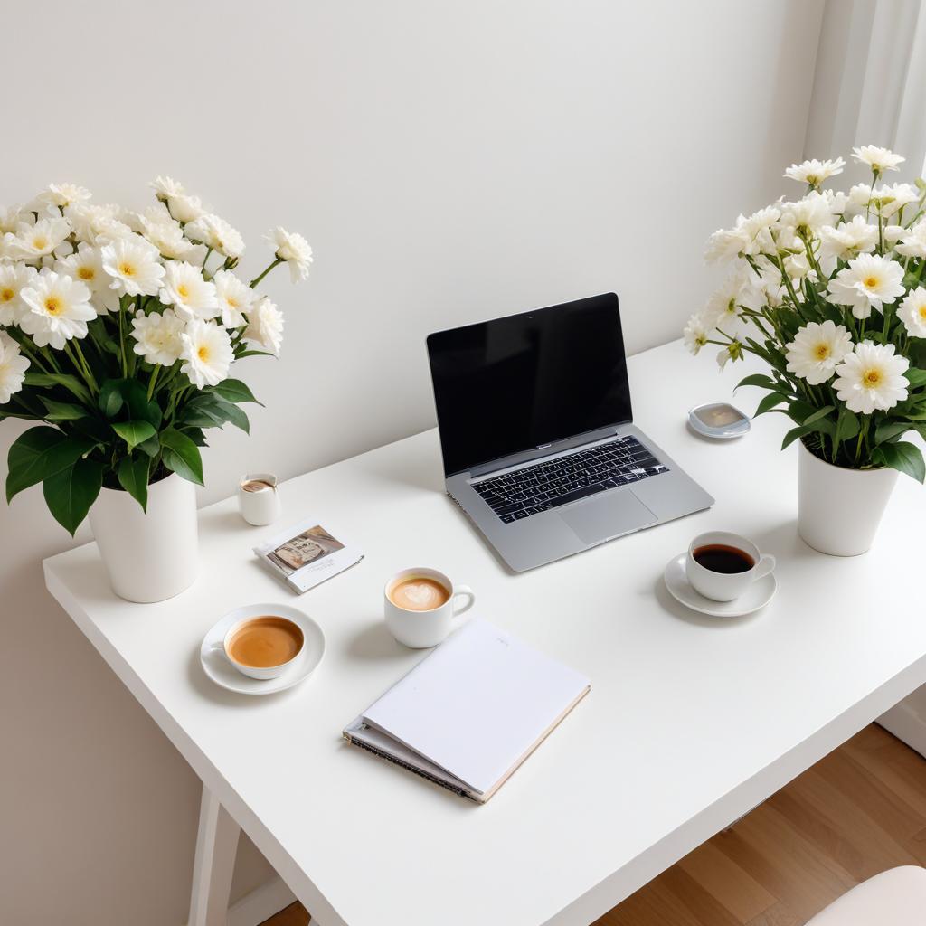 Cozy workspace with coffee and flowers Cozy workspace with coffee and flowers