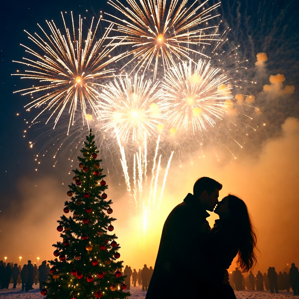 Couple kissing under fireworks display Couple kissing under fireworks display