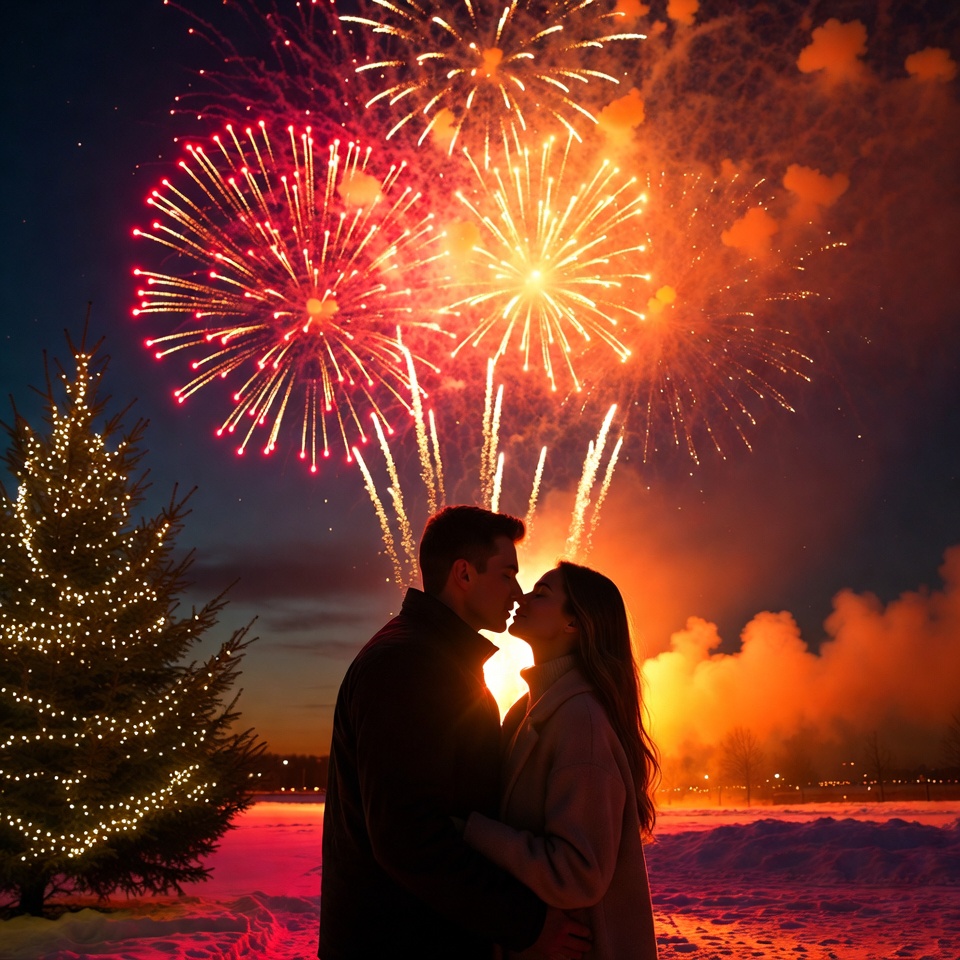 New year's eve kiss with fireworks New year's eve kiss with fireworks