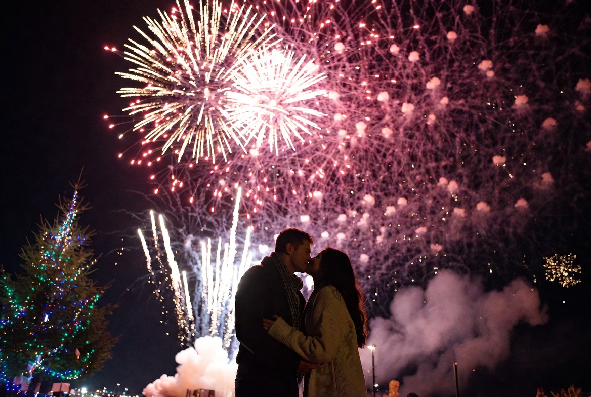 Couple kissing during fireworks celebration Couple kissing during fireworks celebration