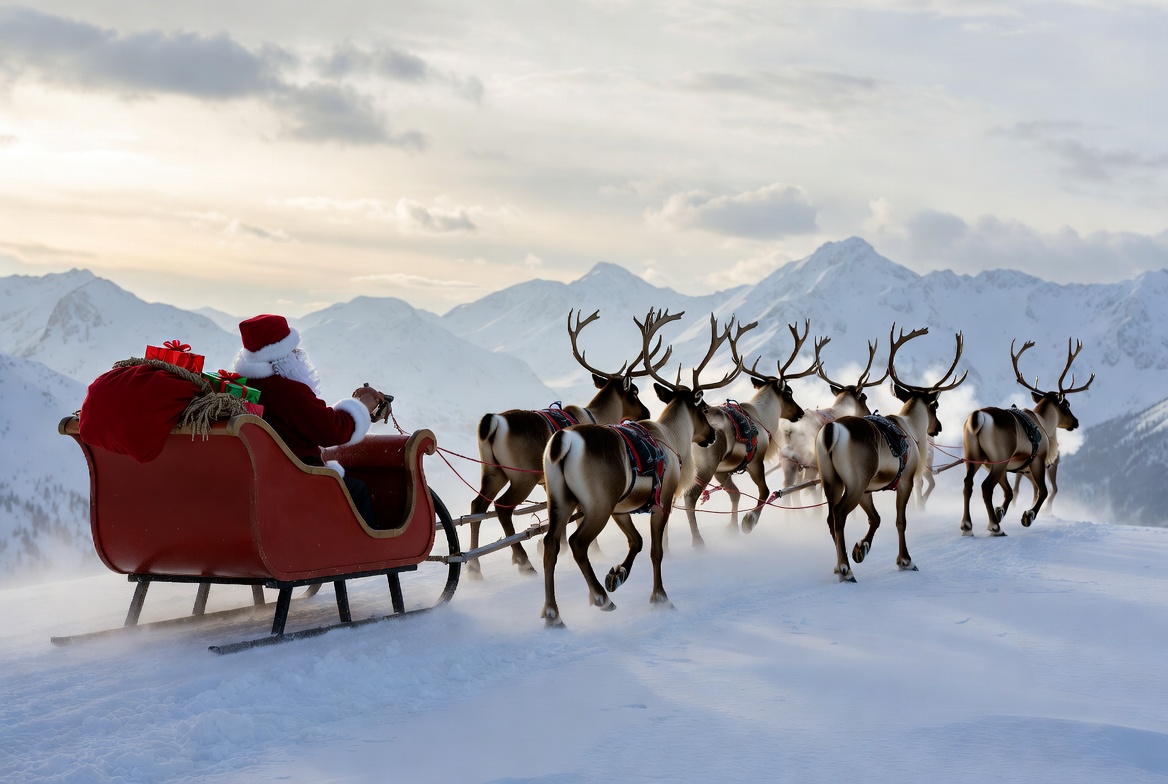 Santa claus riding reindeer sleigh Santa claus riding reindeer sleigh