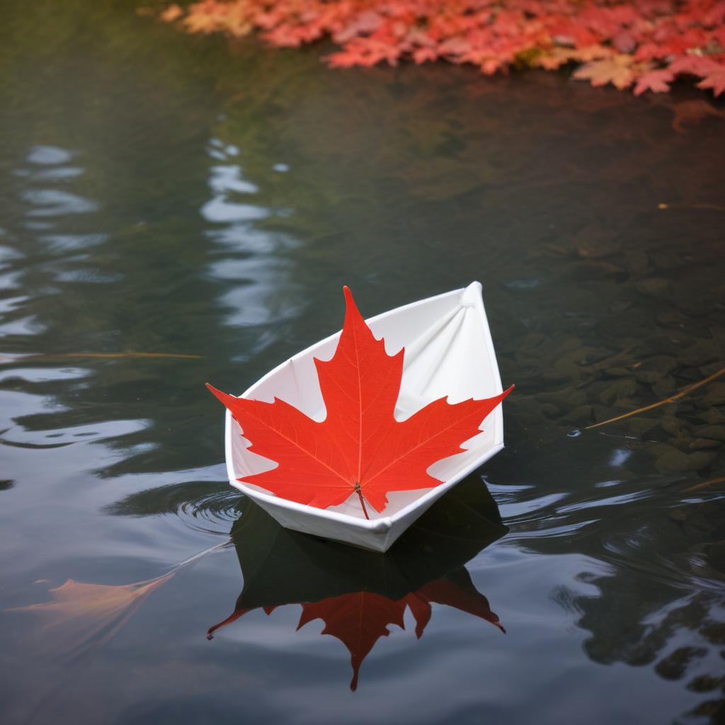 Paper boat with autumn leaf on water Paper boat with autumn leaf on water