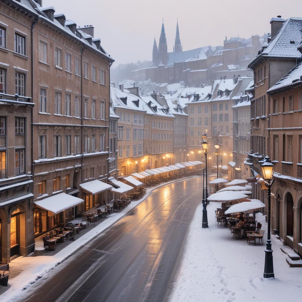Snowy streets at dusk near castle Snowy streets at dusk near castle