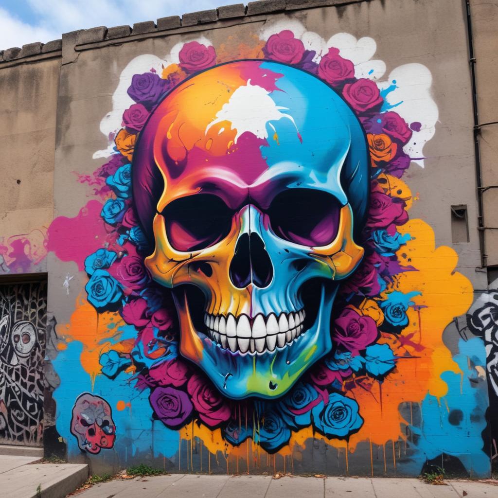 Colorful skull mural on urban wall Colorful skull mural on urban wall
