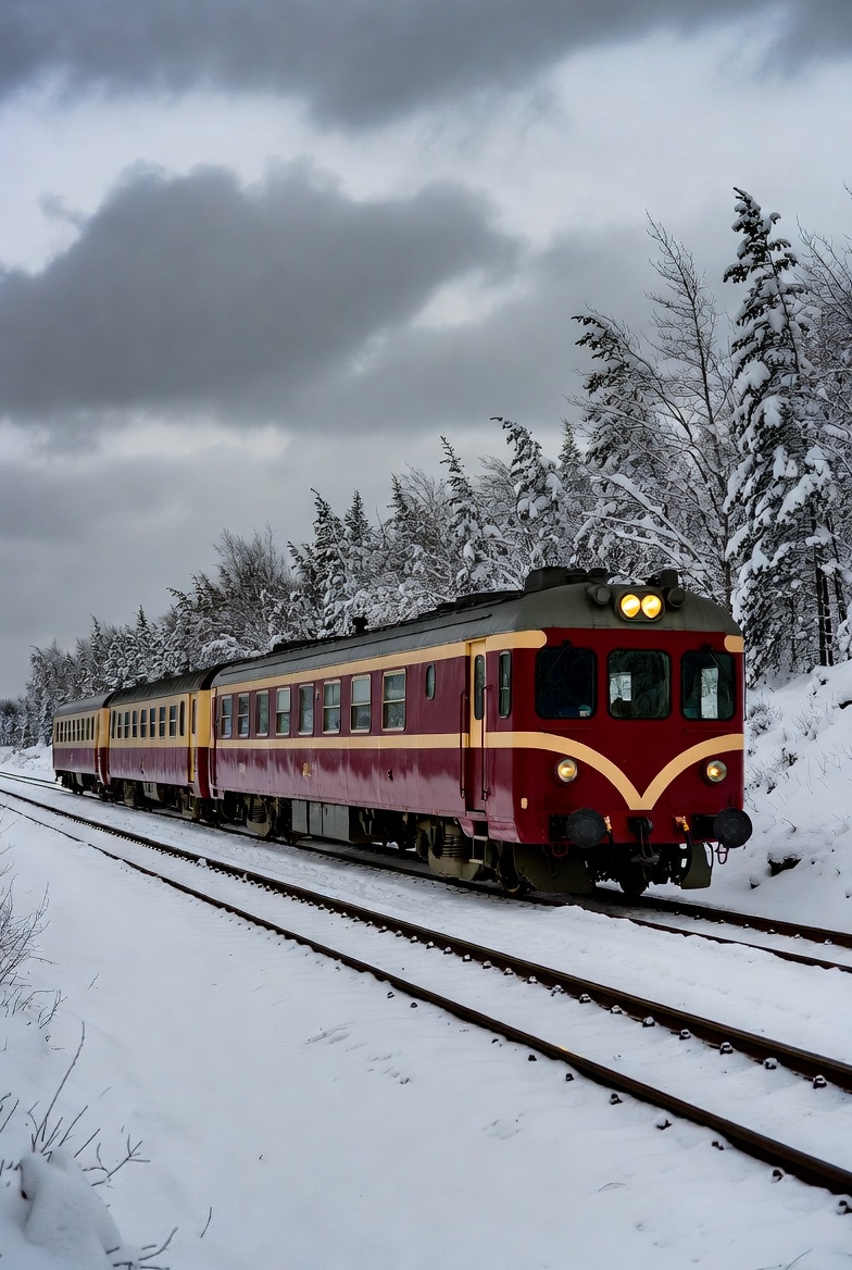 Train travels through winter wonderland Train travels through winter wonderland