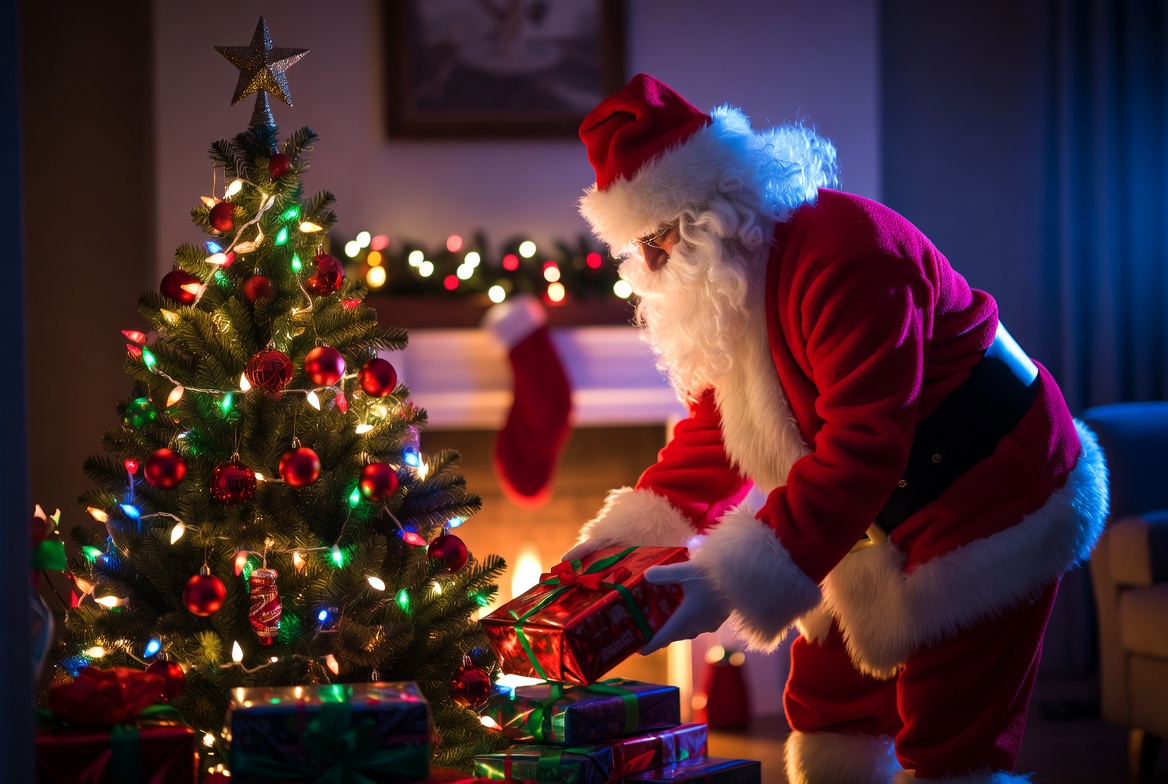 Santa decorating christmas tree Santa decorating christmas tree