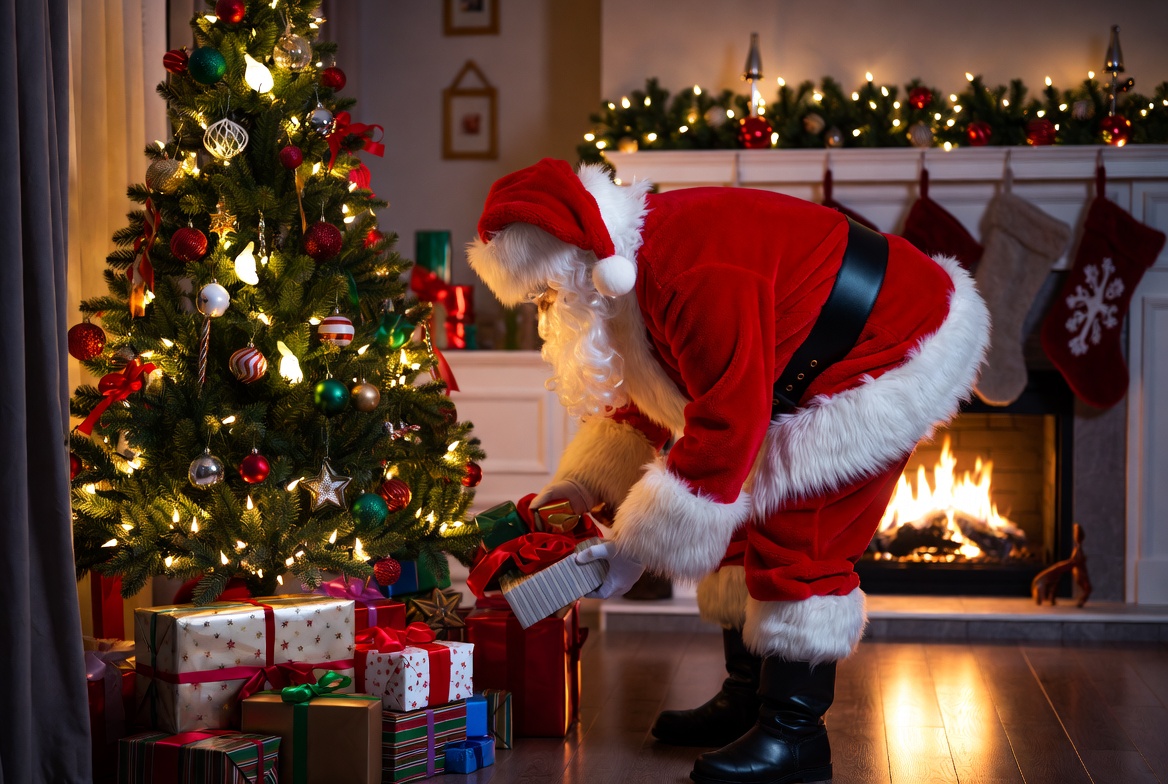 Santa claus placing gifts under the tree Santa claus placing gifts under the tree