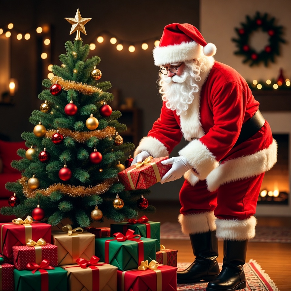 Santa claus places gifts under the tree Santa claus places gifts under the tree
