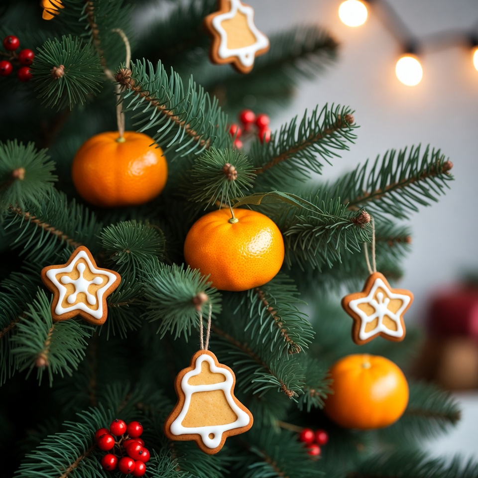 Ornaments and mandarins on christmas tree Ornaments and mandarins on christmas tree