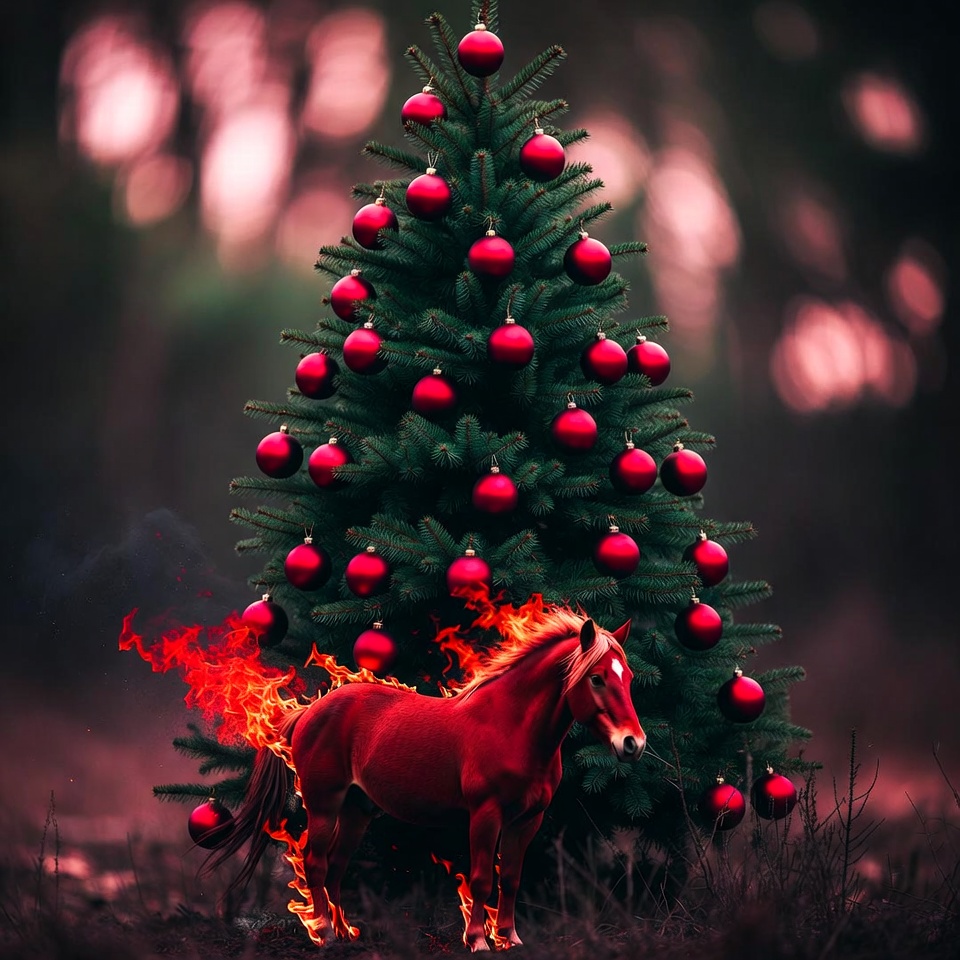 Fiery horse beside christmas tree Fiery horse beside christmas tree