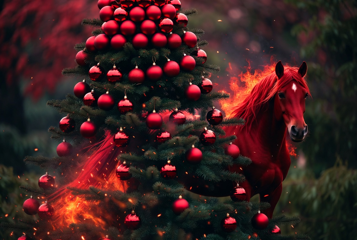 Red horse beside christmas tree Red horse beside christmas tree