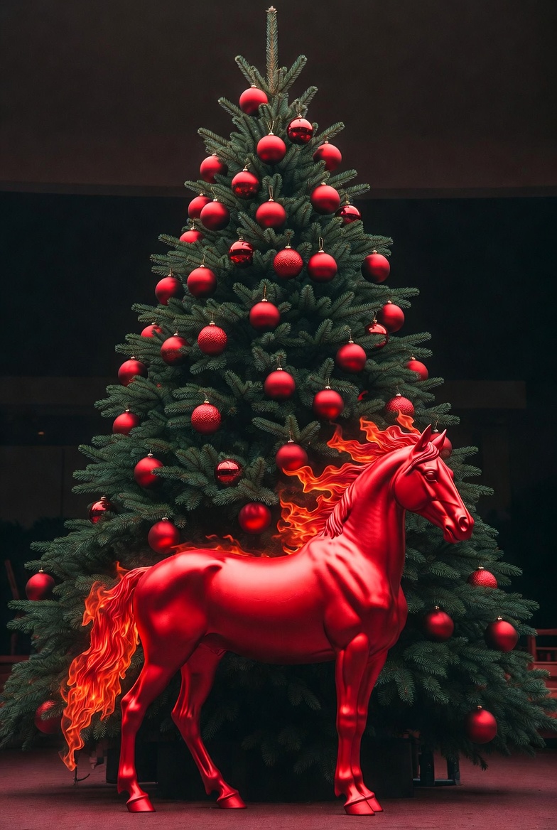 Red horse by decorated tree Red horse by decorated tree