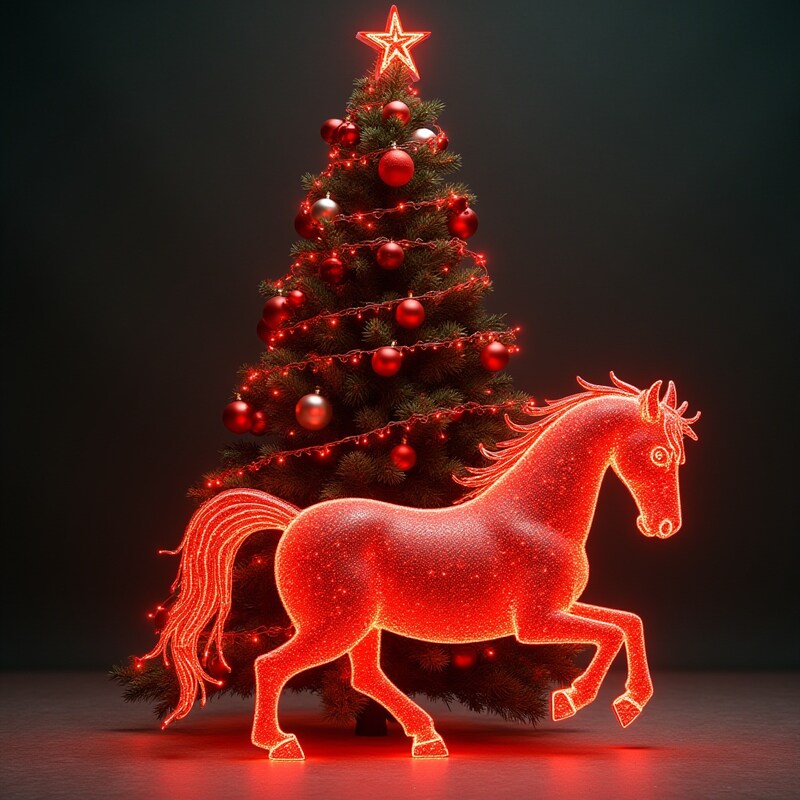 Sparkling horse beside christmas tree Sparkling horse beside christmas tree