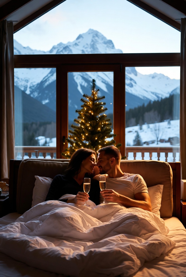 Cozy morning with champagne and mountains Cozy morning with champagne and mountains