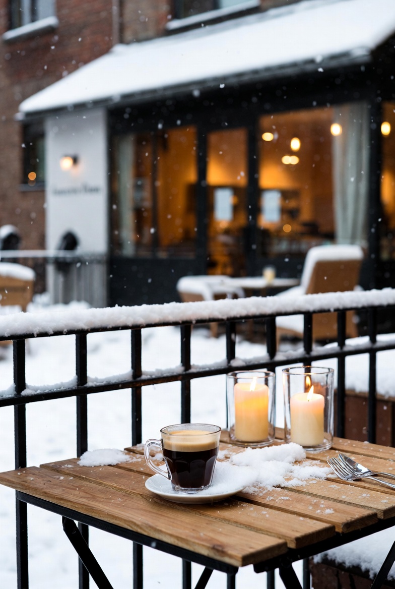 Cozy winter coffee moment outside café Cozy winter coffee moment outside café