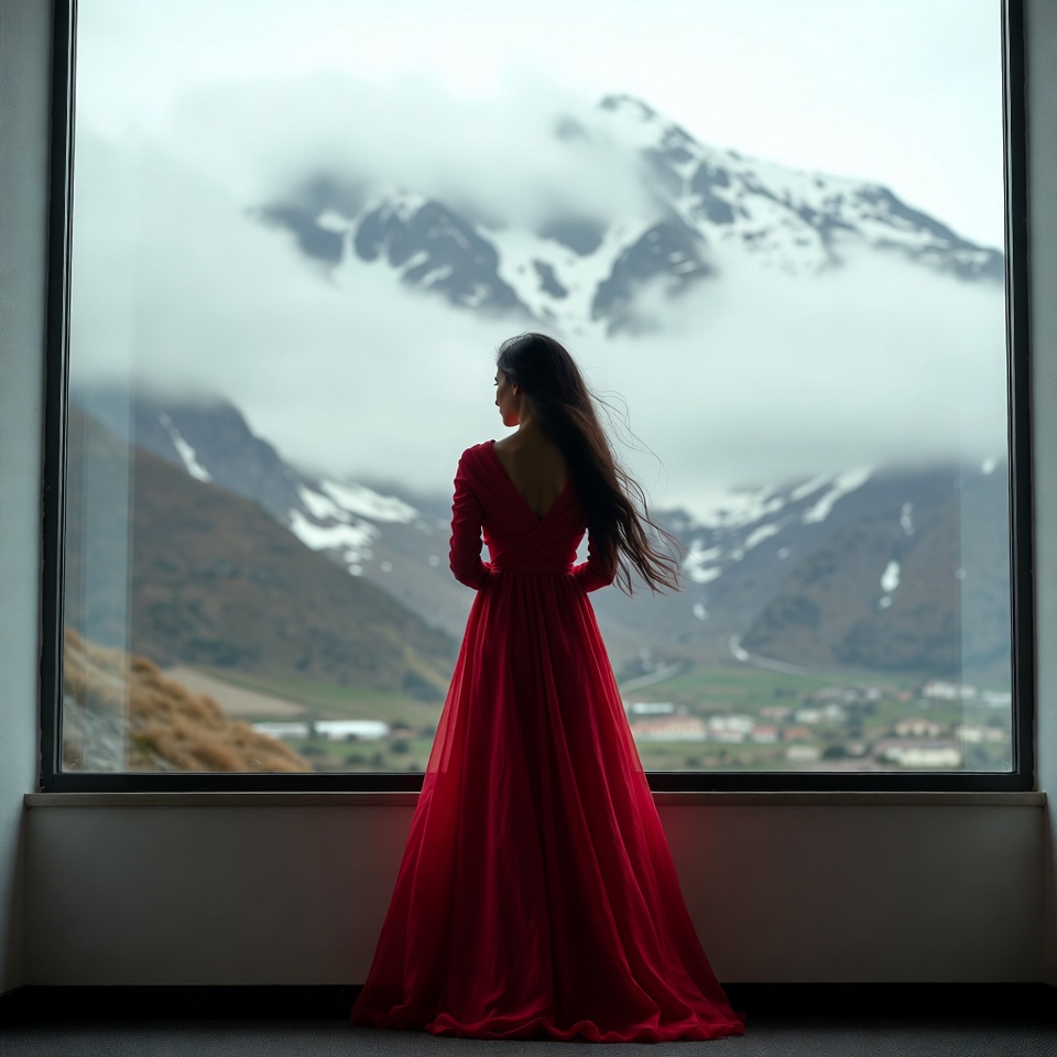 Woman in red dress with mountain view Woman in red dress with mountain view