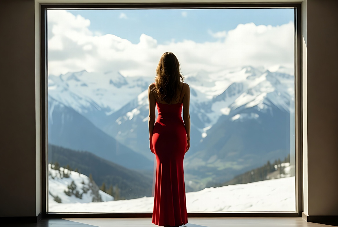 Woman in red dress admiring mountains Woman in red dress admiring mountains