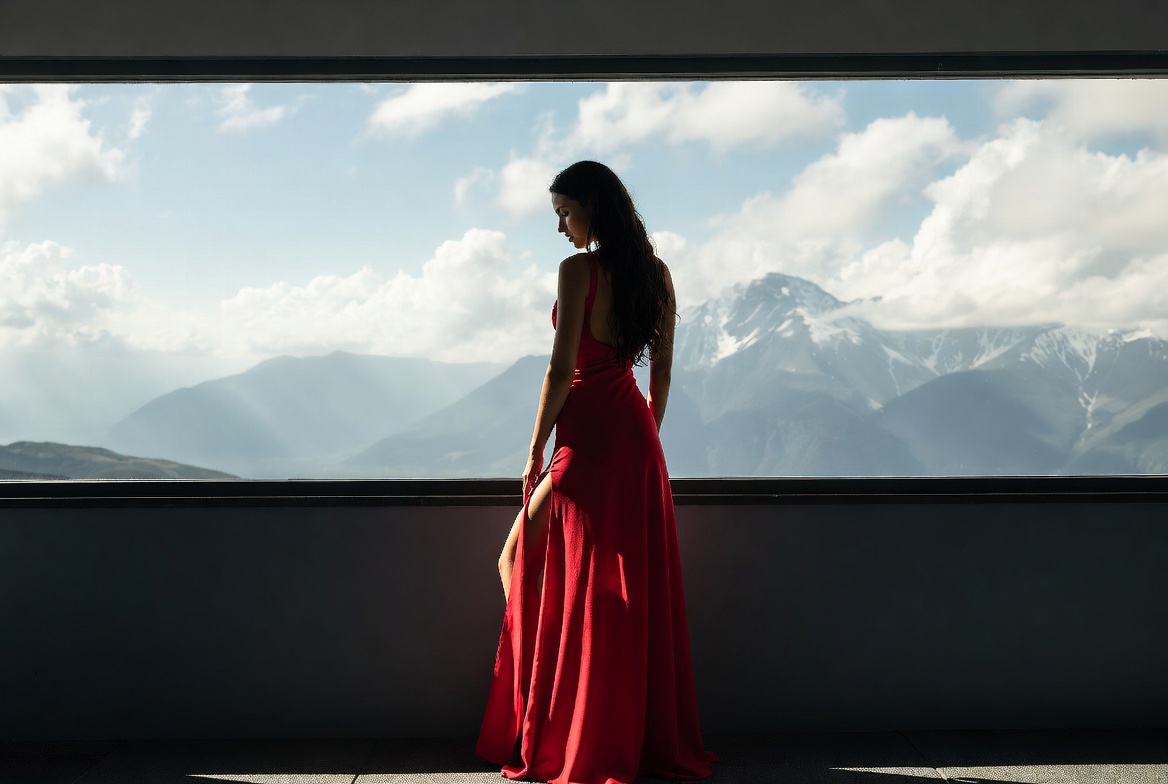 Elegant woman by mountain view Elegant woman by mountain view