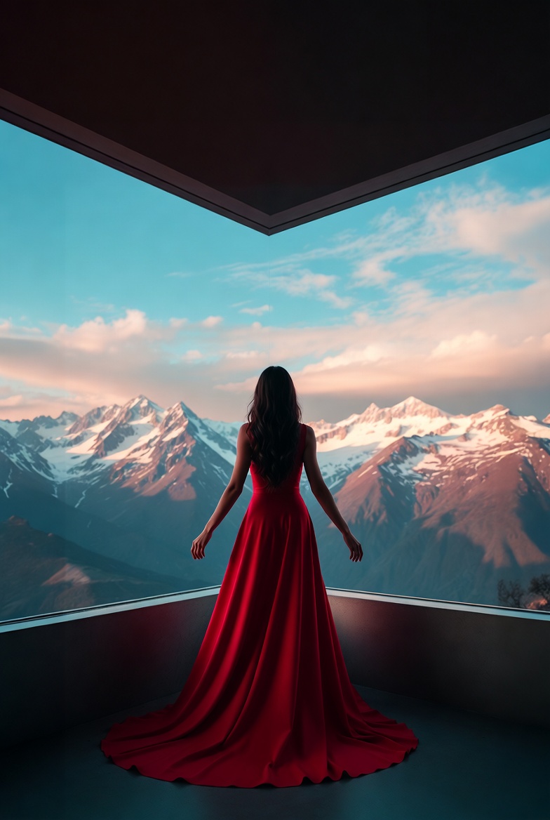Woman in red dress overlooking mountains Woman in red dress overlooking mountains
