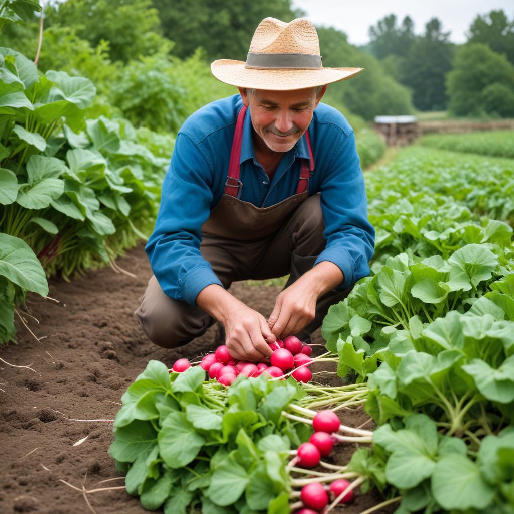 Farmer harvesting fresh radishes in field Farmer harvesting fresh radishes in field