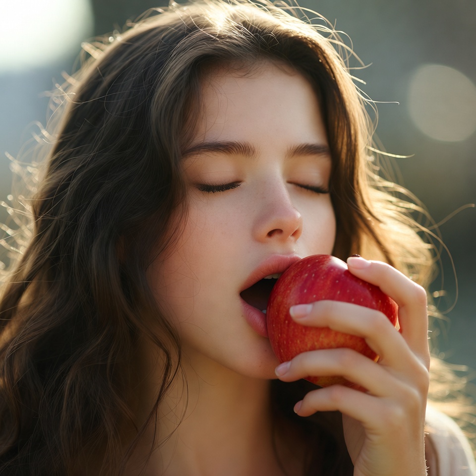 Young woman enjoying fresh apple Young woman enjoying fresh apple