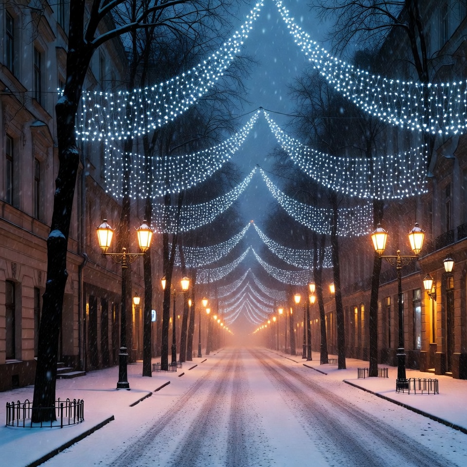 Winter night with glowing lights Winter night with glowing lights