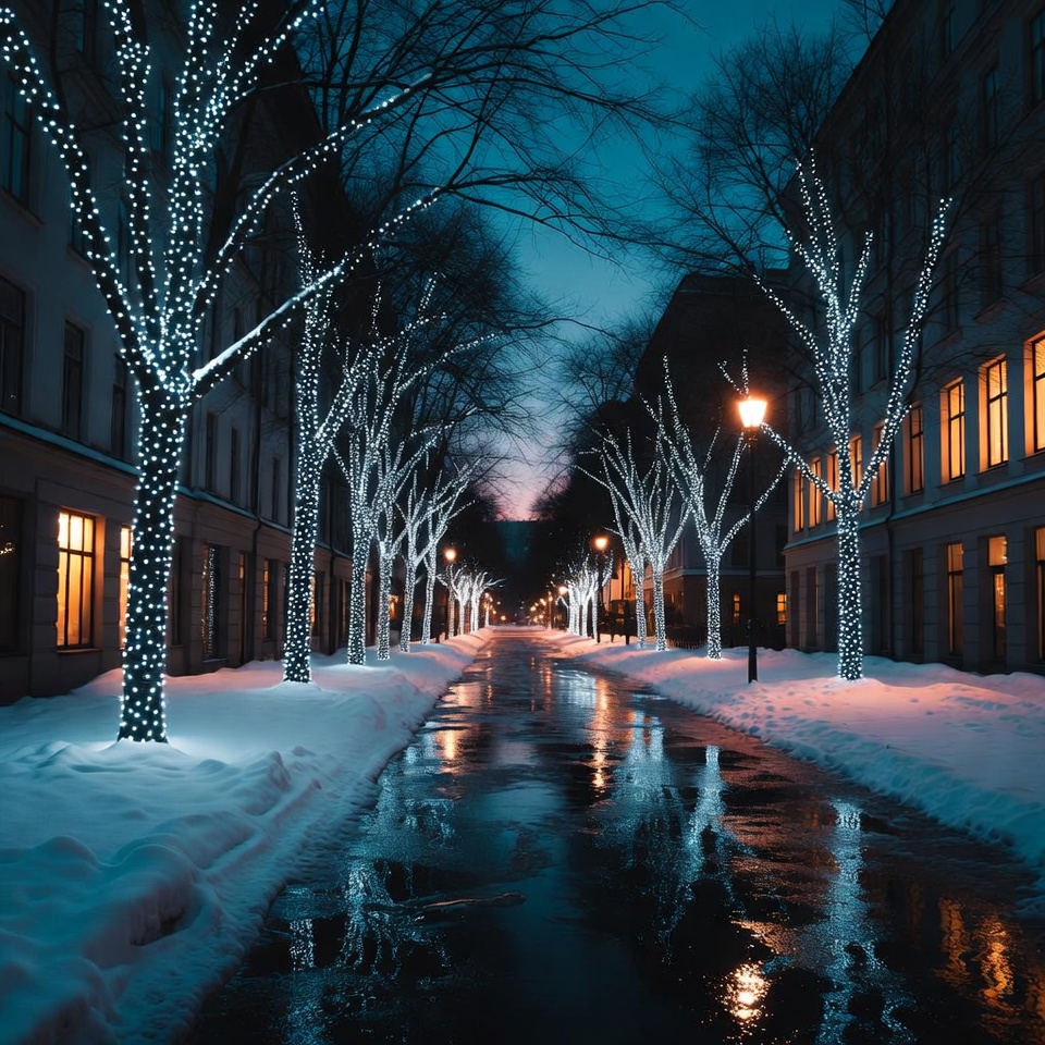 Winter evening in a lit street Winter evening in a lit street