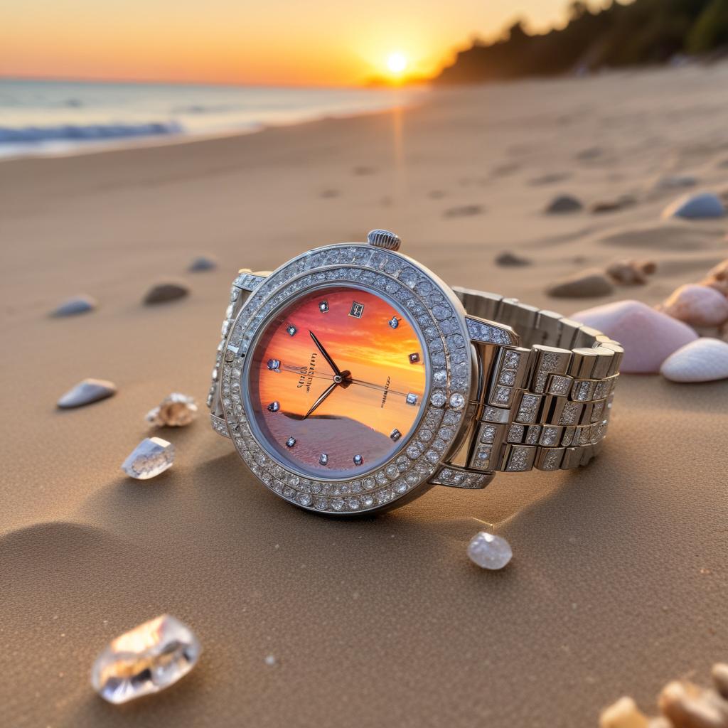 Elegant watch on sandy beach at sunset Elegant watch on sandy beach at sunset