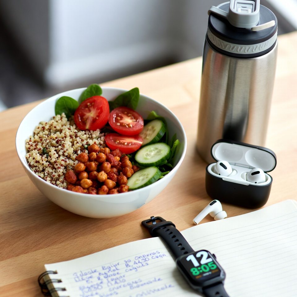 Healthy meal with tech accessories Healthy meal with tech accessories