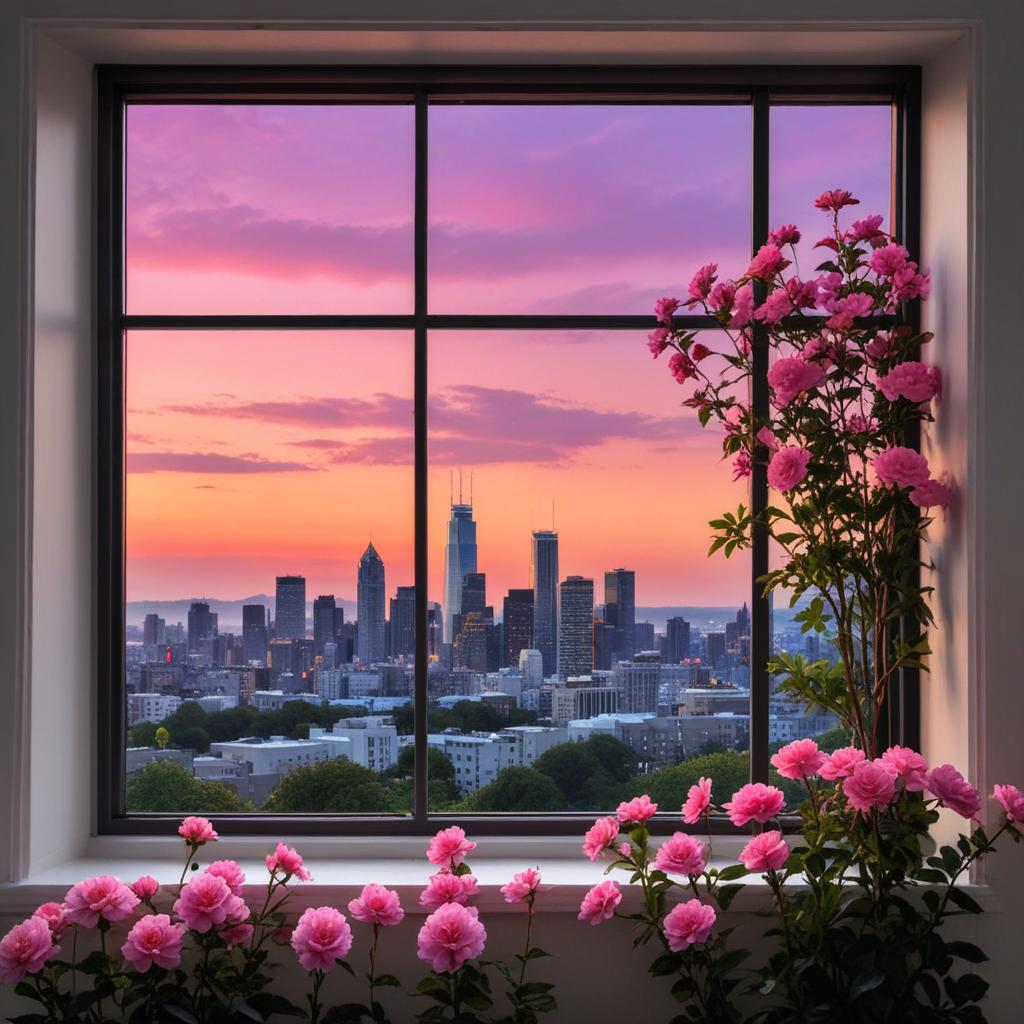 City skyline at sunset with flowers City skyline at sunset with flowers