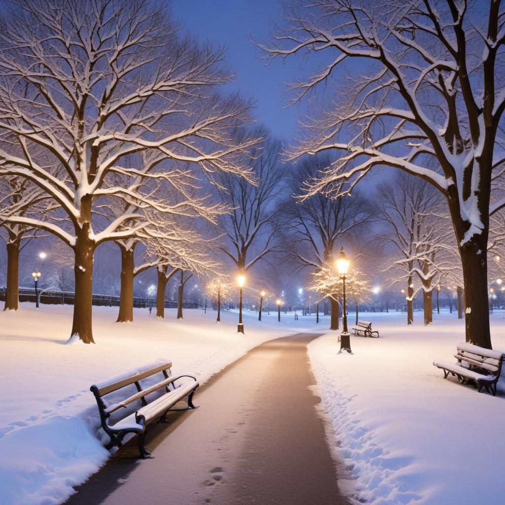 Snowy park path at night Snowy park path at night