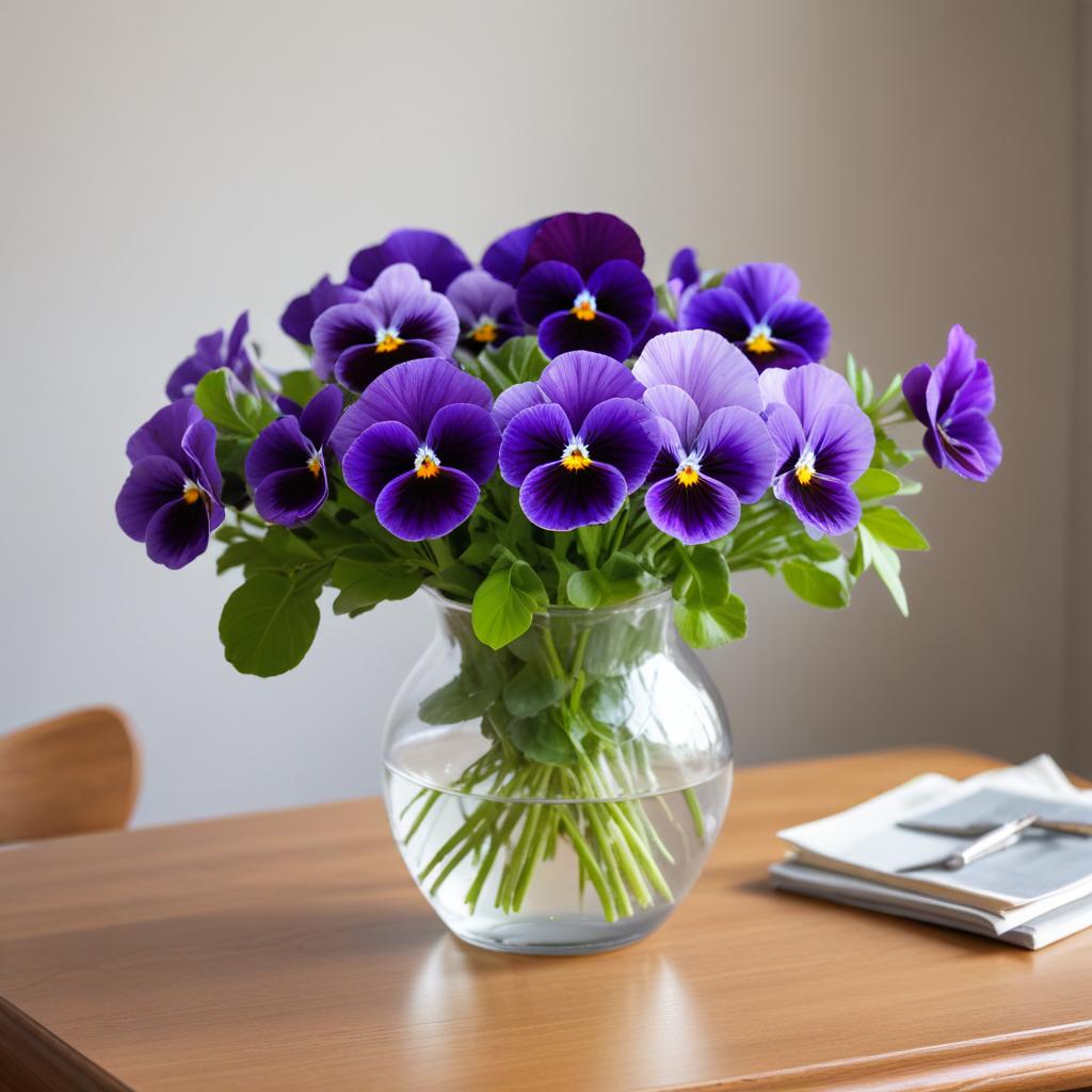 Purple pansies in a clear vase Purple pansies in a clear vase