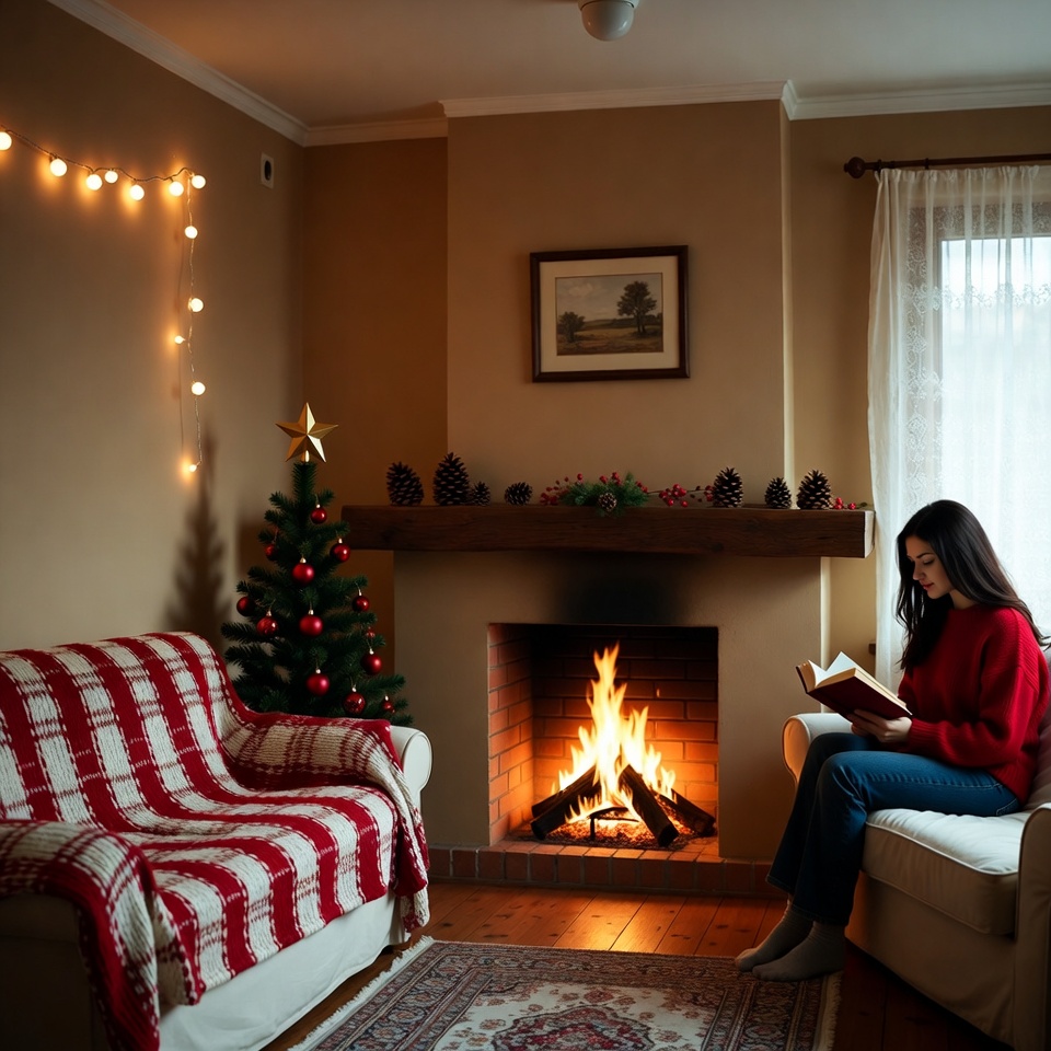Cozy winter evening by the fireplace Cozy winter evening by the fireplace