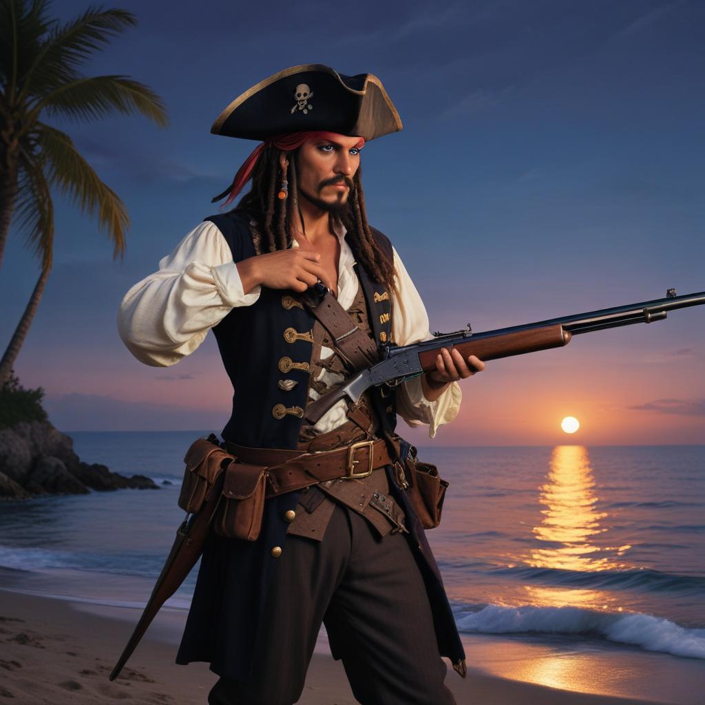 Pirate stands on beach at sunset Pirate stands on beach at sunset