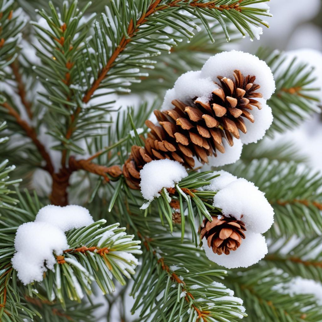 Snow-covered pinecones on branches Snow-covered pinecones on branches
