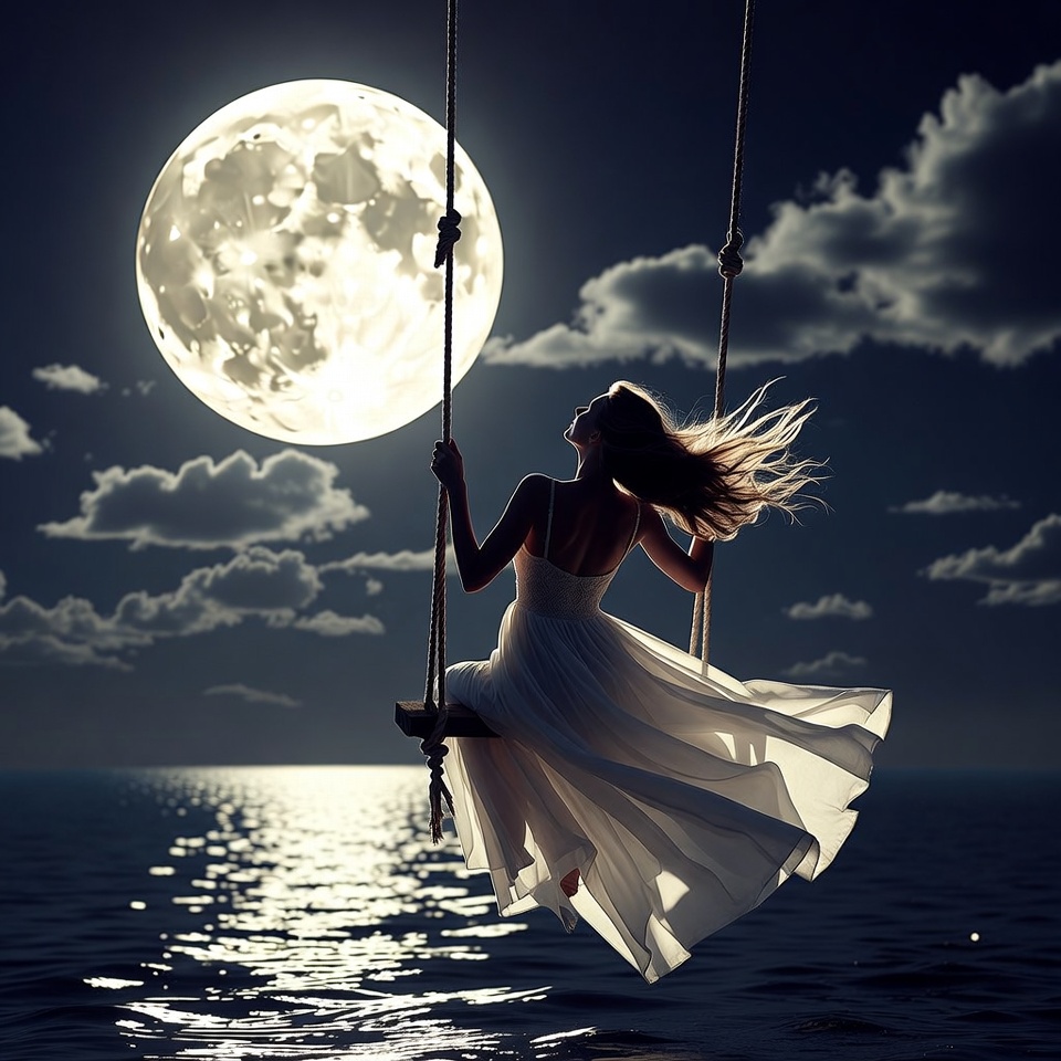 Moonlit swing over water Moonlit swing over water
