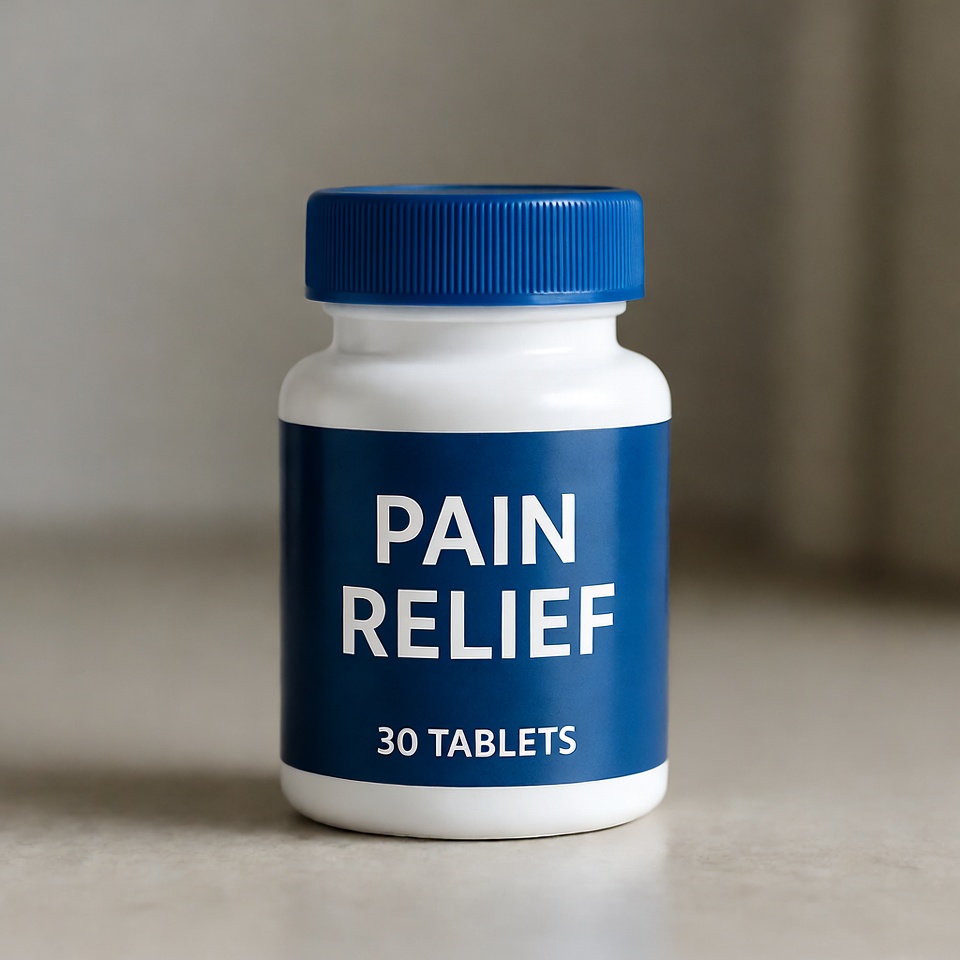 Bottle of pain relief tablets on surface Bottle of pain relief tablets on surface