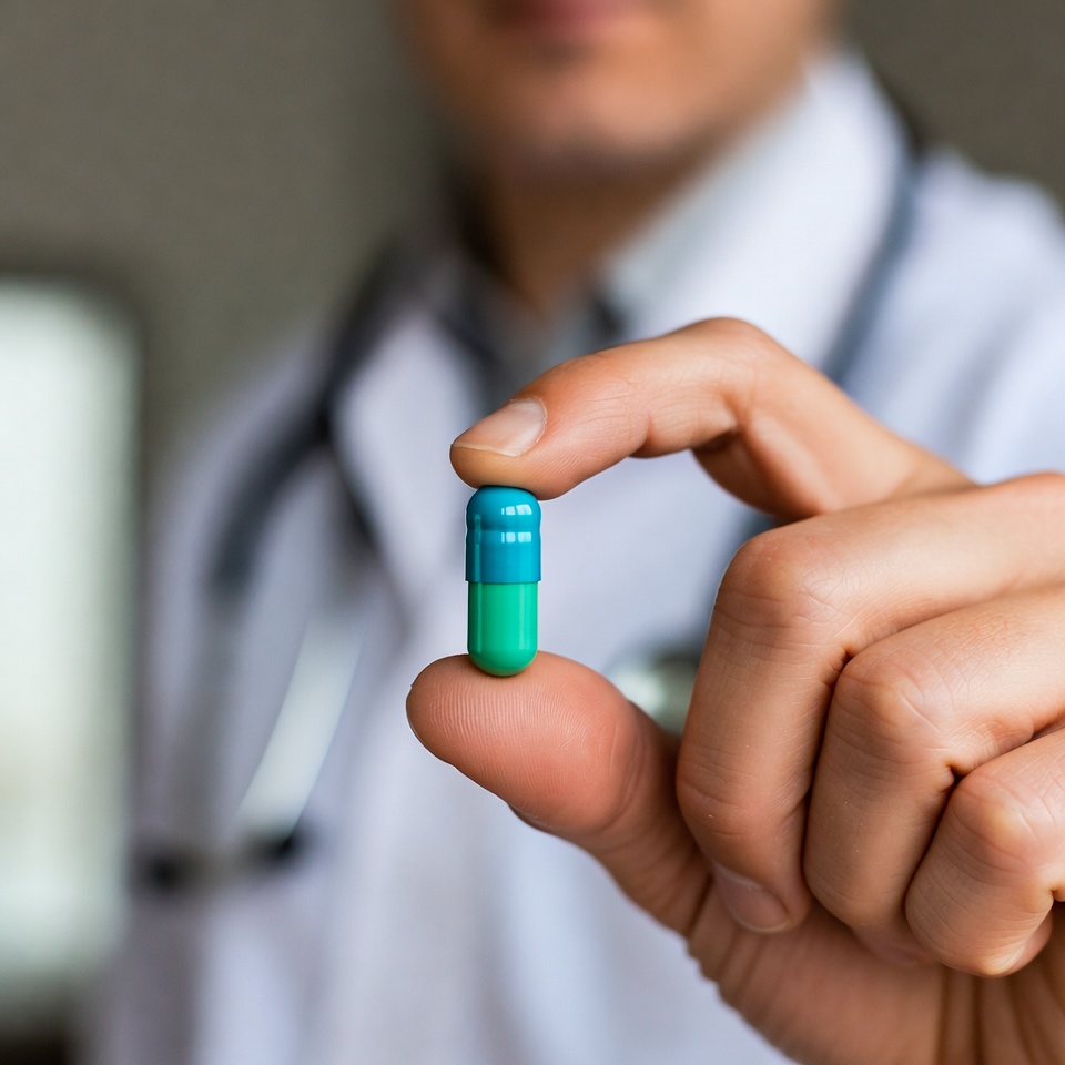 Medical professional holding medication capsule Medical professional holding medication capsule