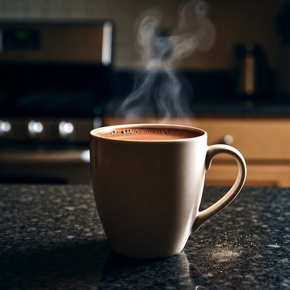 Warm cup of coffee on countertop Warm cup of coffee on countertop