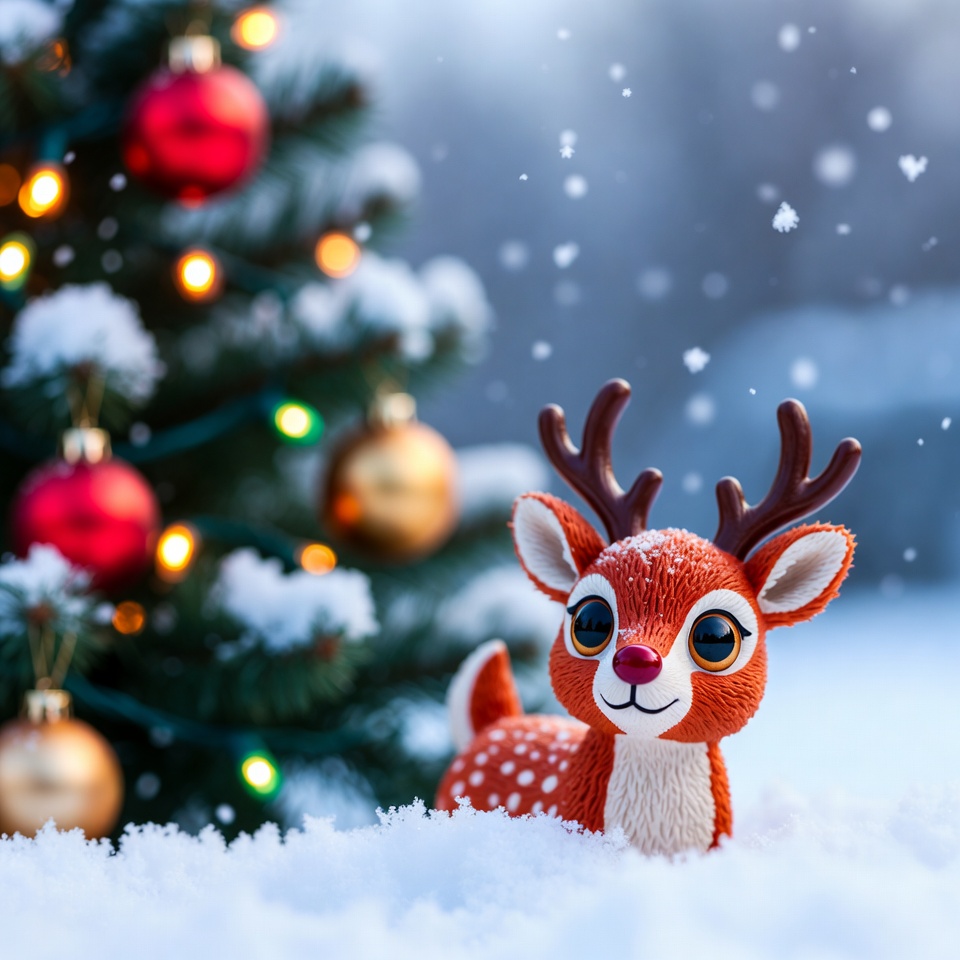 Playful reindeer near christmas tree Playful reindeer near christmas tree